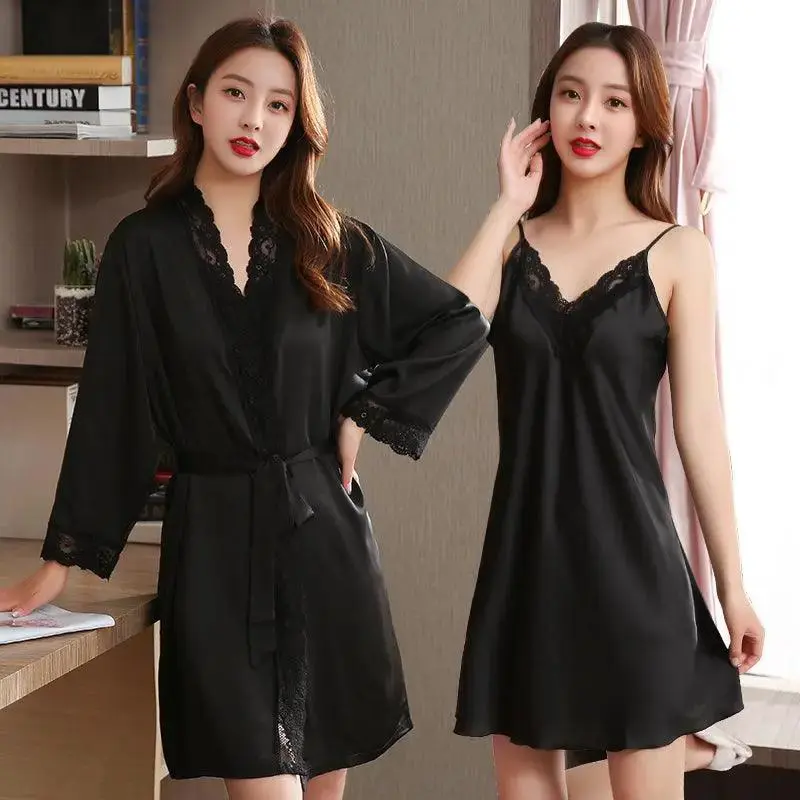 Spring And Autumn Ice Silk Sling Nightdress Nightgown Silk Pajamas Women Summer Short-Sleeved Two-Piece Suit Long-Sleeved Thin Section