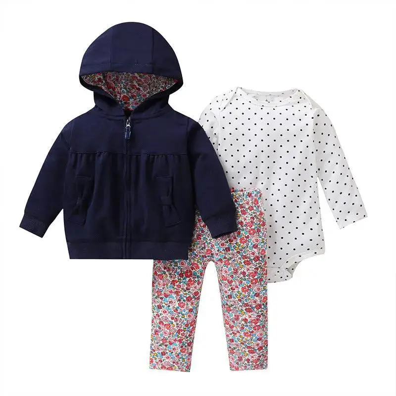 Spring And Autumn Leisure Baby And Toddler Children's Suit Striped Cartoon Trousers Long Sleeve Hooded Three-piece Children's Wear
