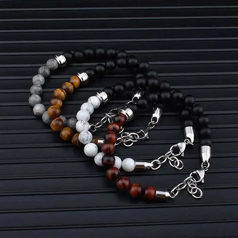 Stainless Steel Natural Stone Bracelets Bangle Men Tiger Eye Stone Bead Bracelet For Men Gift For Him Pulseras Hombre JS-04