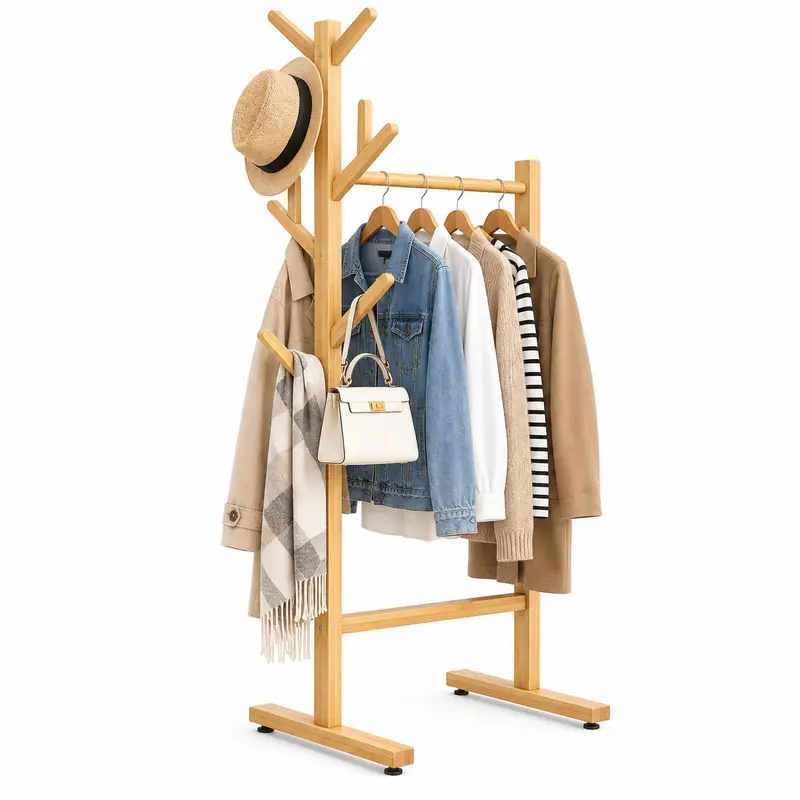 Stand Appendiabiti in Legno Bambù 8 Ganci con barra 65x40x170 cm Quercia