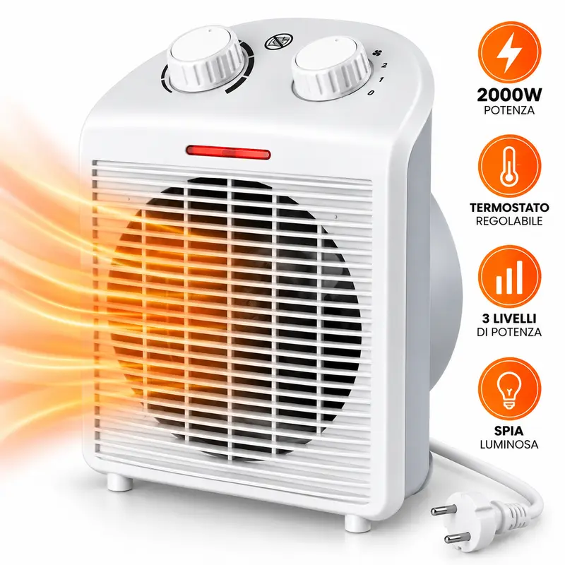 Stufetta Termoventilatore Caldo Bagno 2000W Termostato Regolabile 3 potenze