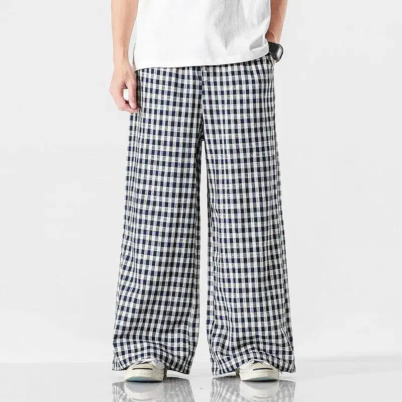 Summer Plus Size Chinese Style Cotton And Linen Plaid Baggy Pants