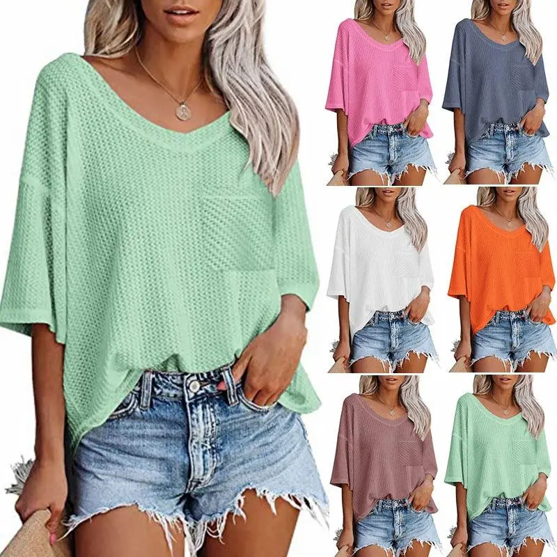 Summer V-neck Shirts Women Short Sleeve Green Tops With Patched Pocket
