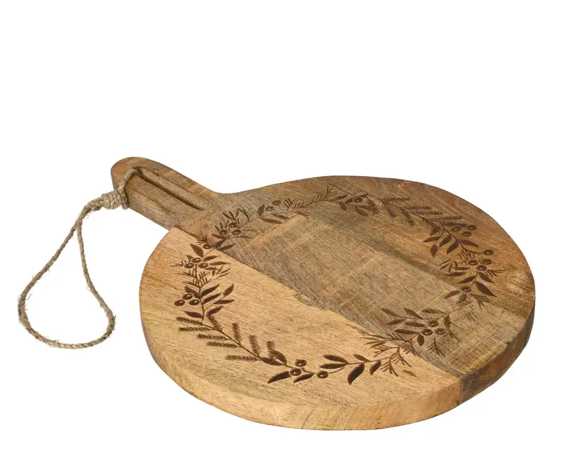 Tagliere rotondo in legno di mango con motivo a ghirlanda tagliato al laser, certificato FSC, mix 70%.