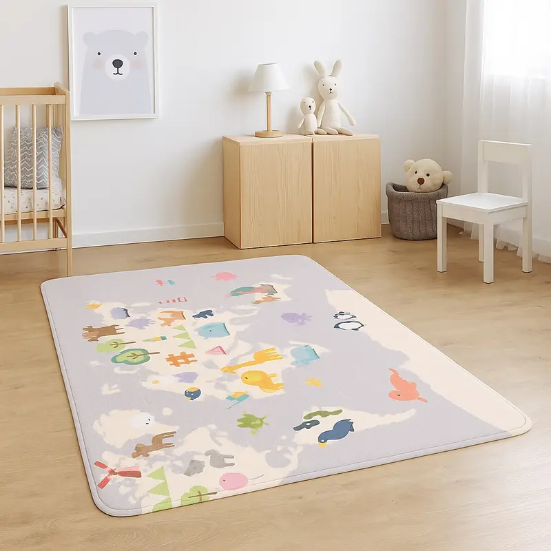 Tappeto Cameretta Bambini 80x140 Grigio Morbido Mondo Animali in Polyestere e Spugna