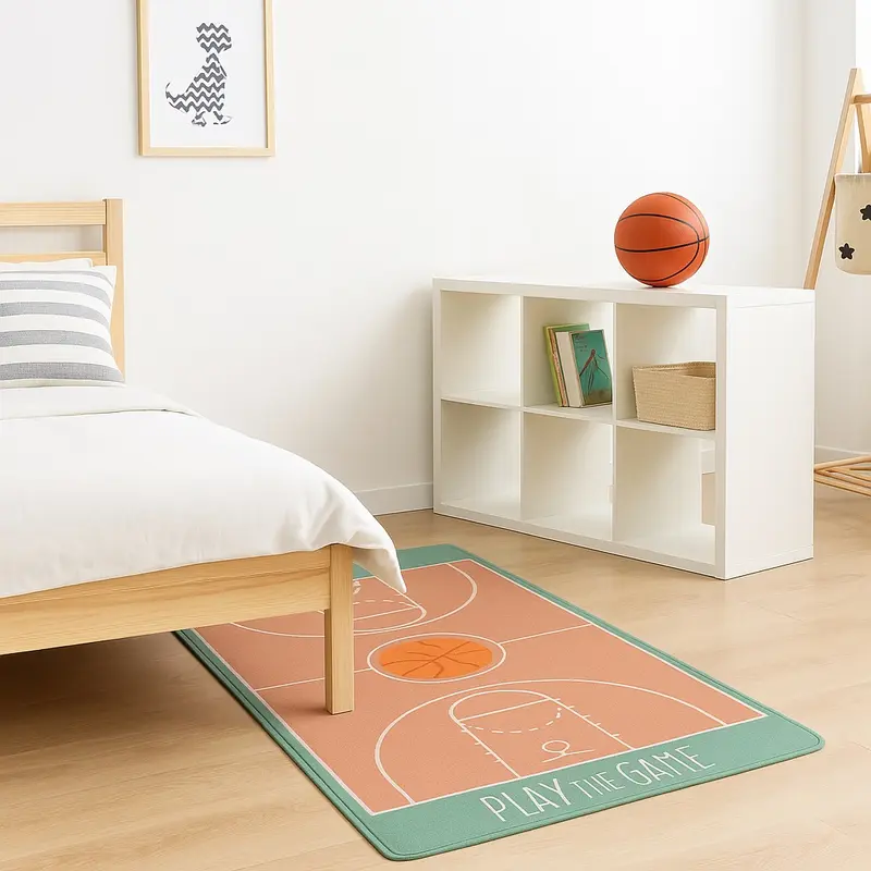 Tappeto Cameretta Bambino 80x140 Verde Morbido Campo da Basket in Polyestere e Spugna