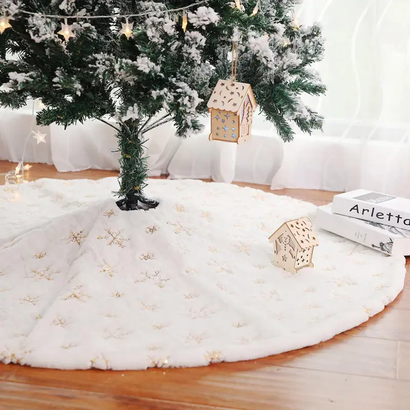 Tappeto Gonna Copertura Base Albero di Natale 80cm Peluche Bianco Oro Effetto Neve