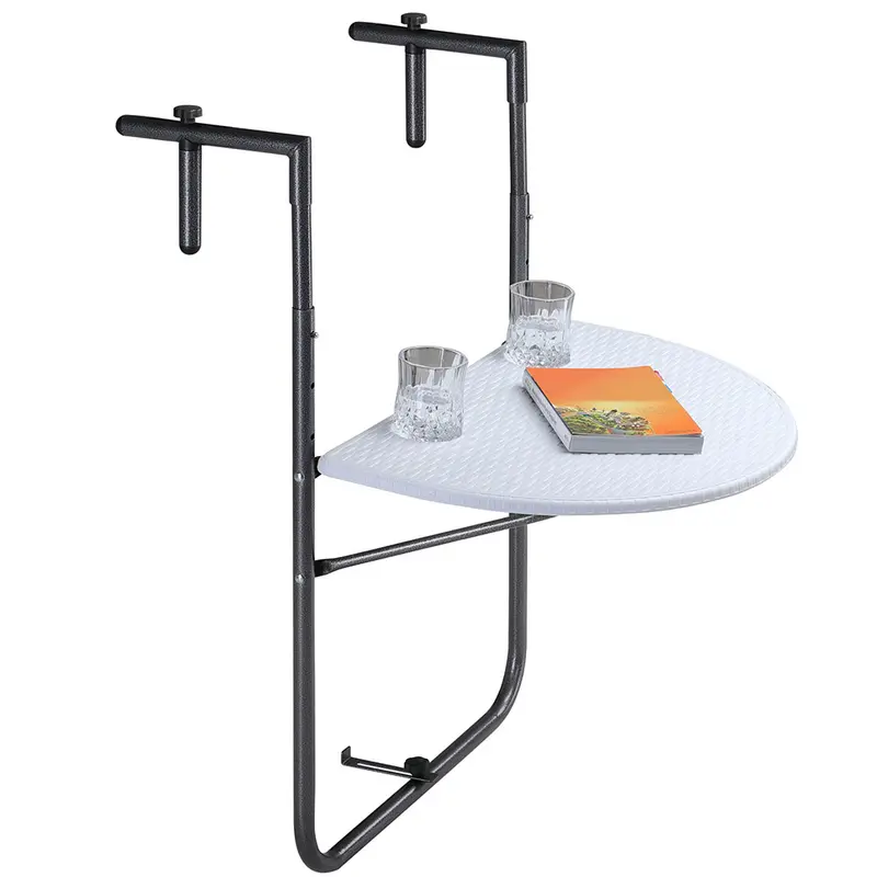 Tavolino Balcone Pieghevole Metallo e Polyrattan 2 Porta Bicchieri Regolabile Bianco