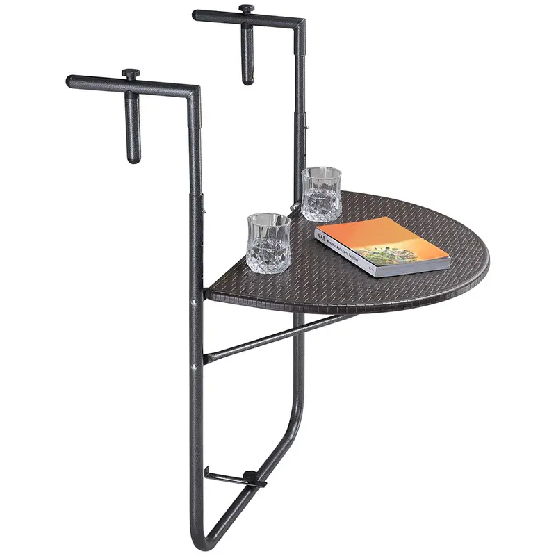 Tavolino Balcone Pieghevole Metallo e Polyrattan 2 Porta Bicchieri Regolabile Marrone