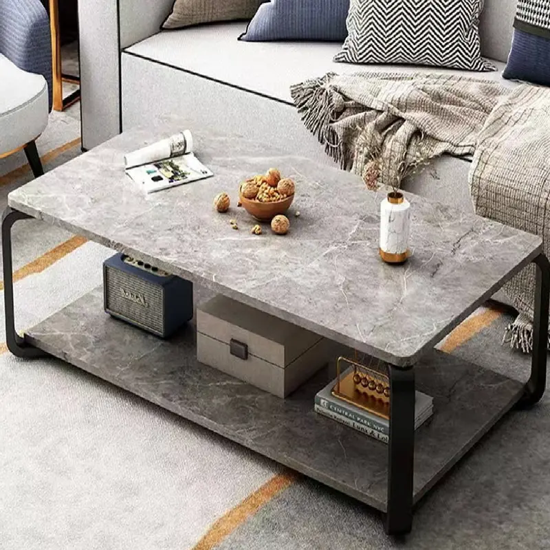 Tavolino da Salotto 2 Ripiani Design Moderno Effetto Marmo Nero Grigio Chiaro