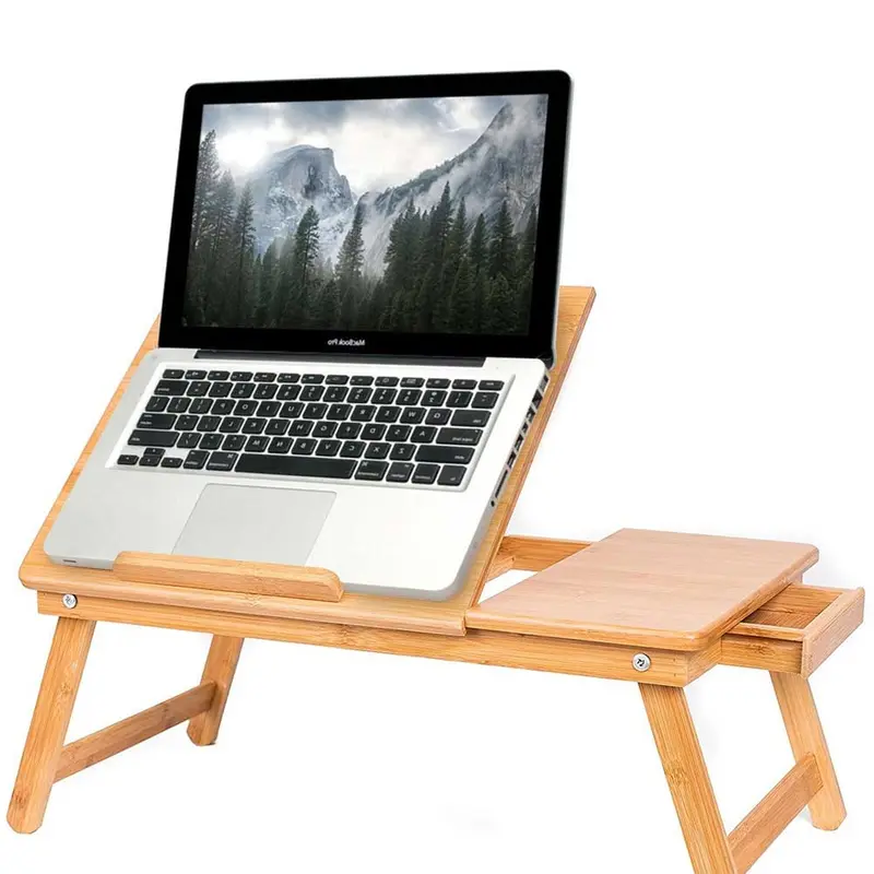 Tavolino Pieghevole Vassoio Letto Divano Porta Pc Tablet in Legno Bambú con Cassetto