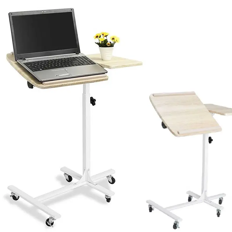 Tavolino Porta PC con 5ruote e Piano Inclinabile Regolabile Altezza 70-92 cm Bianco