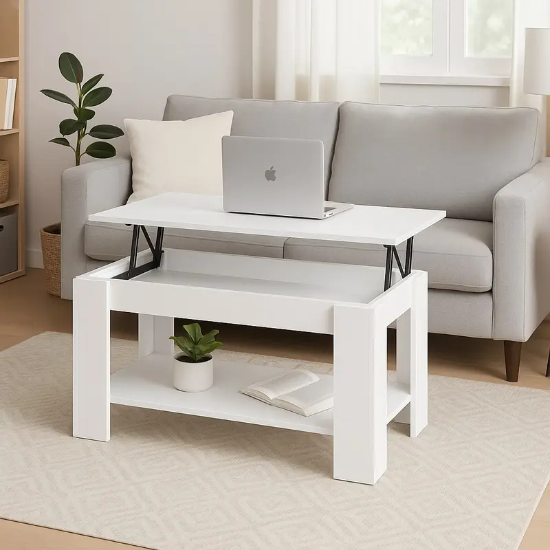 Tavolino Soggiorno Salotto Moderno con Rialzo Vano Contenitore Apribile Legno Bianco