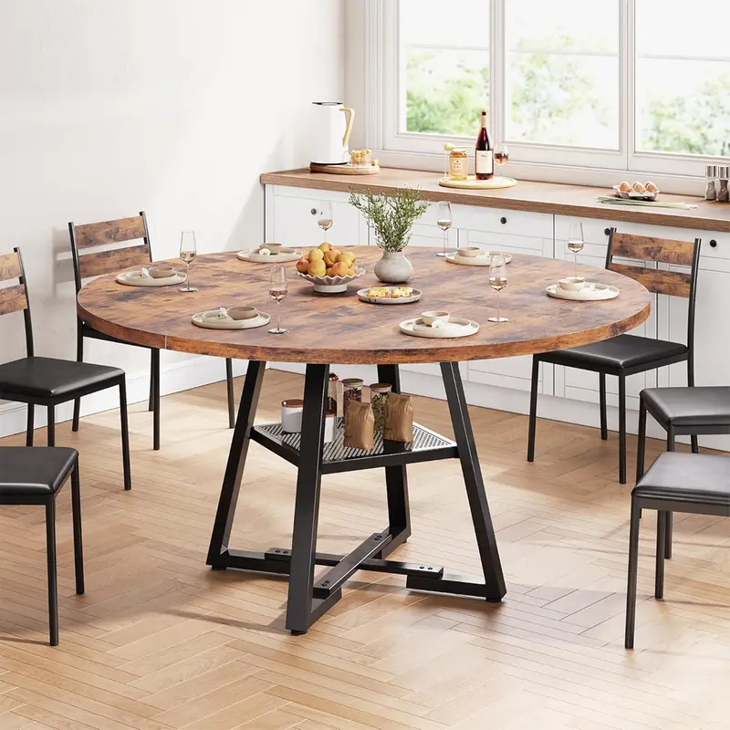 Tavolo da Pranzo Tondo Industrial 120x120 cm con Ripiano Portaoggetti Metallo Nero