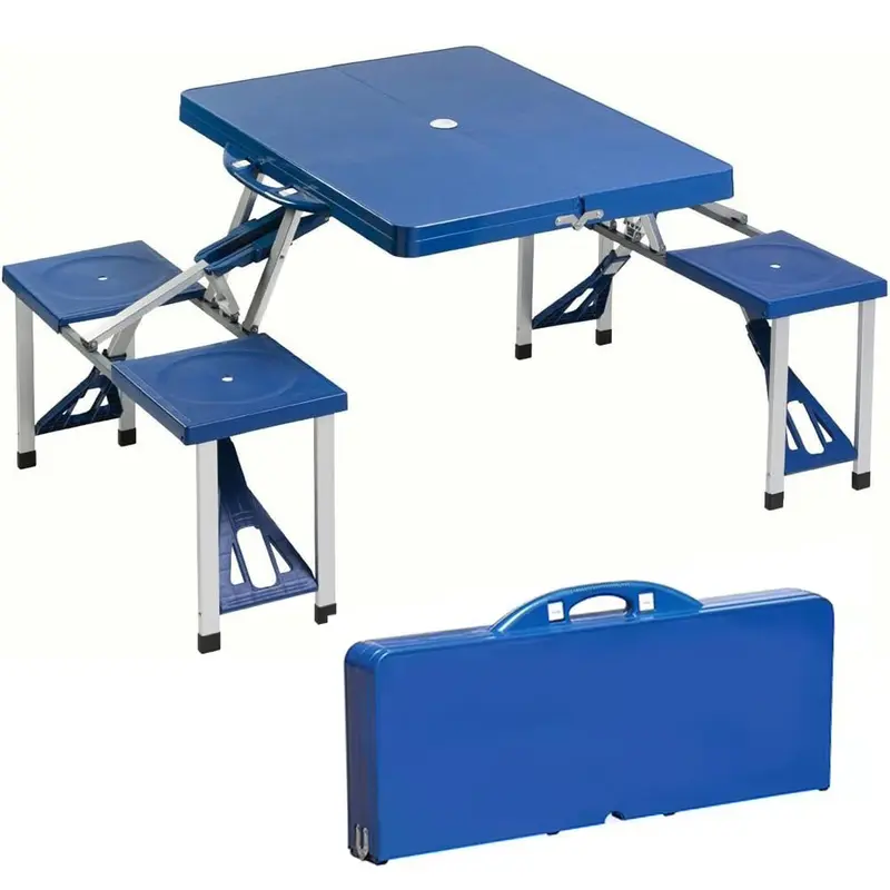 Tavolo Pic Nic Pieghevole Alluminio 85 cm per 4 Persone 4 Sgabelli Campeggio Blu