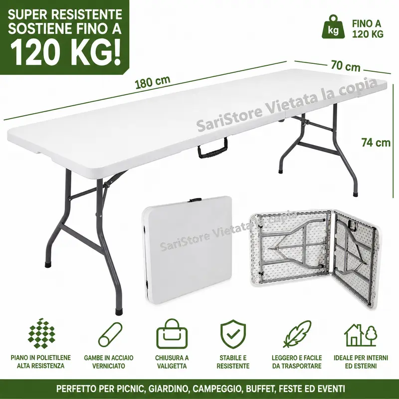 Tavolo Pieghevole 180x70 Bianco Richiudibile Campeggio Giardino Esterno