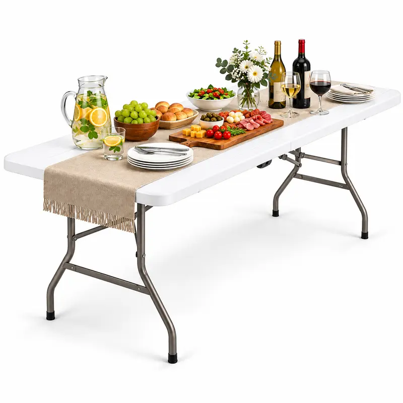 Tavolo Pieghevole Effetto Legno 180x74 cm Salvaspazio Esterno Giardino Campeggio Bianco