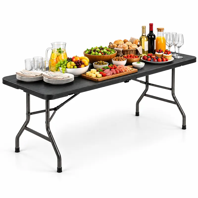 Tavolo Pieghevole Effetto Legno 180x74 cm Salvaspazio Esterno Giardino Campeggio Nero