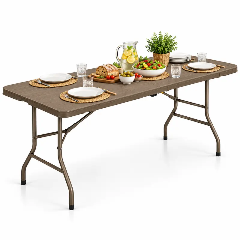 Tavolo Pieghevole Effetto Legno 180x74 cm Salvaspazio Esterno Giardino Campeggio Tortora