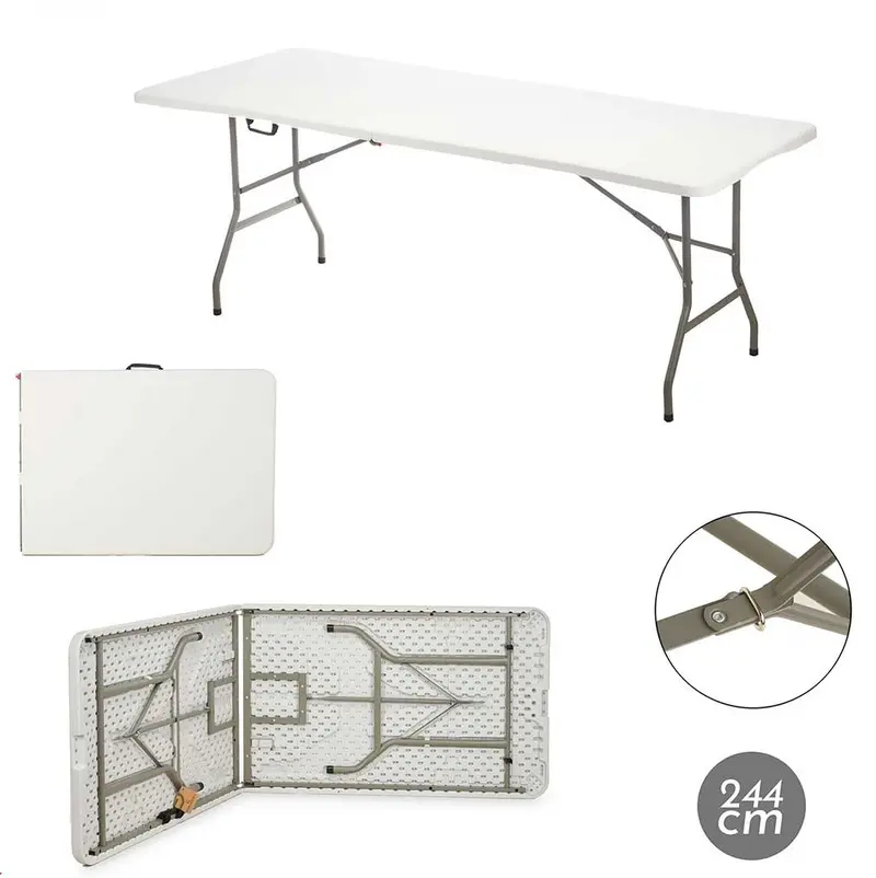 Tavolo Pieghevole in Resina HDPE 244x76 H74cm Richiudibile Salvaspazio Bianco