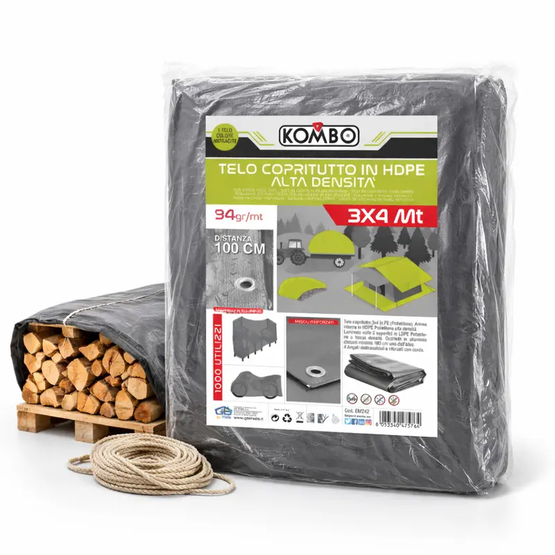 Telo Copritutto in HDPE 3x4 mt Resistente Occhielli Alluminio Alta Densità 90gr/mq