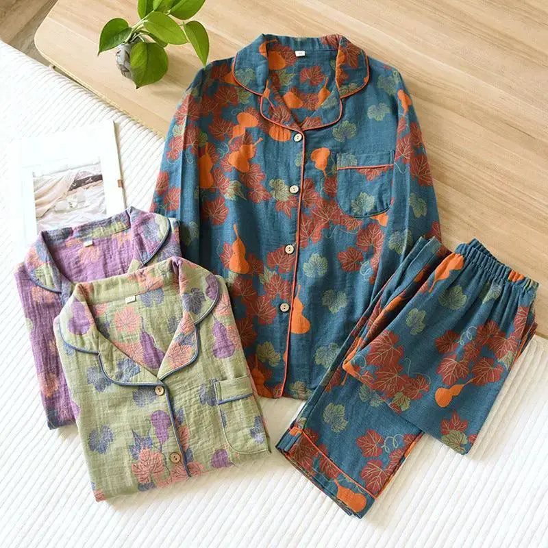Thin Cotton Gauze Yarn-dyed Jacquard Pajamas Suit For Women