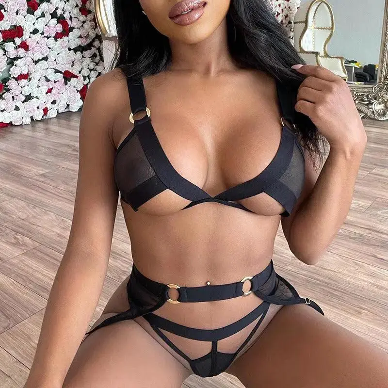 Three-piece Summer Net Yarn Pure Color See-through Waist Sling Suit