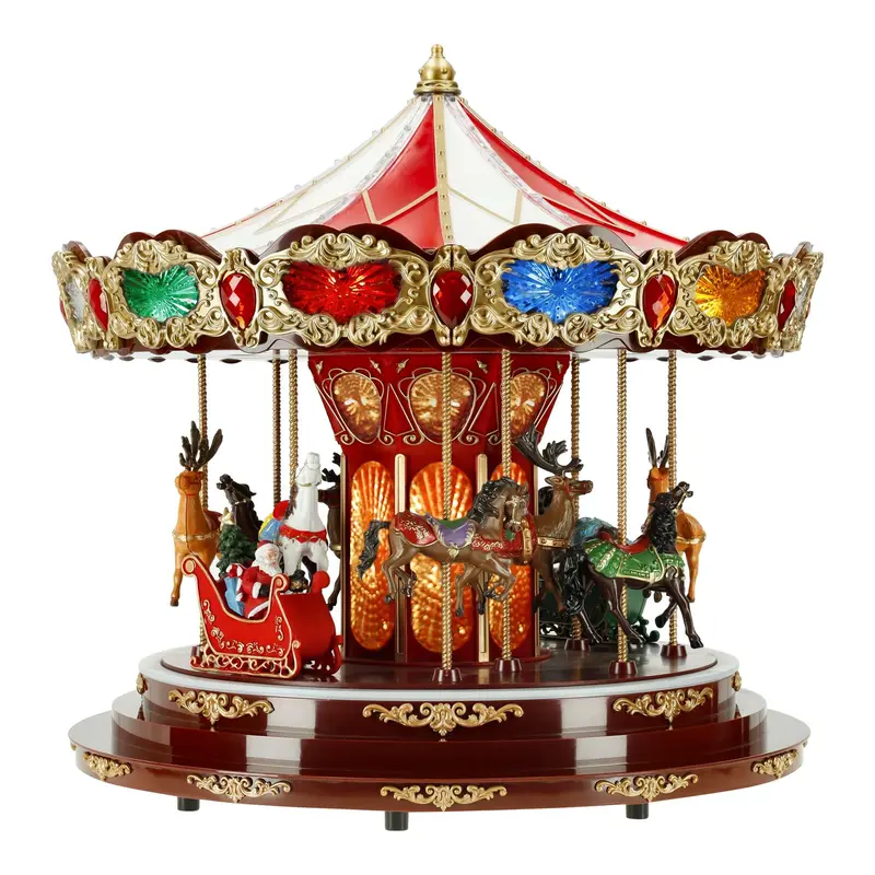 TIMSTOR Carosello Giostra con cavalli e renne carillon con musica e LED 44x44x42 cm