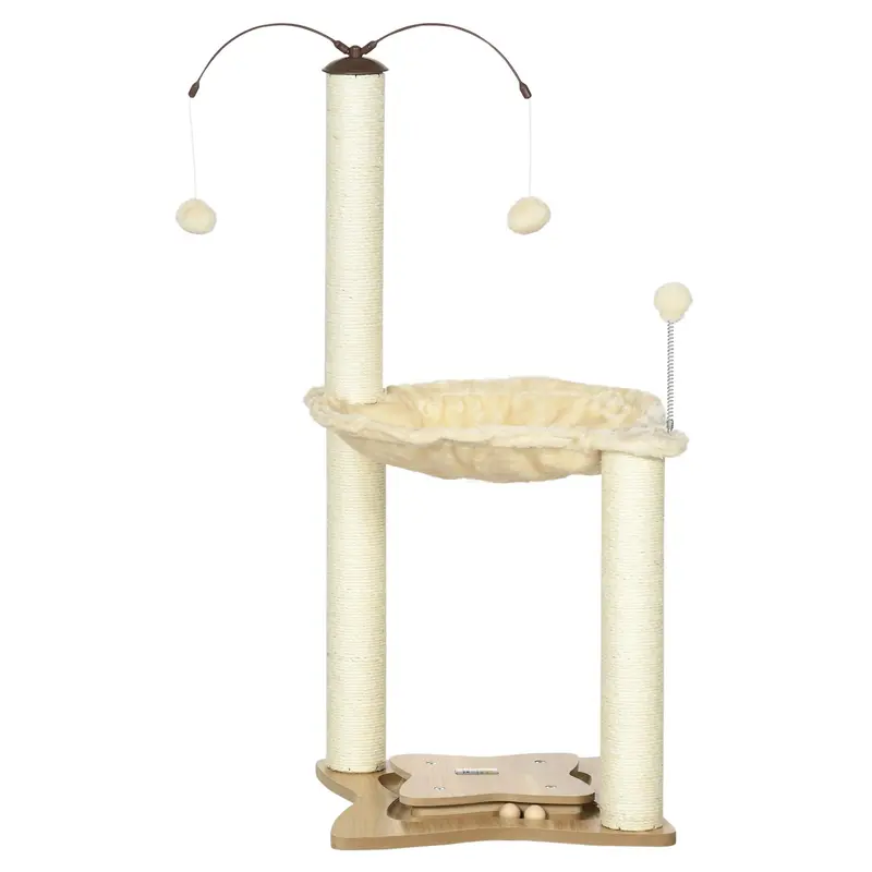 Tiragraffi Gatti con Amaca, Palline da Gioco e Pali in Sisal, 53.5x53.5 H90 cm Beige