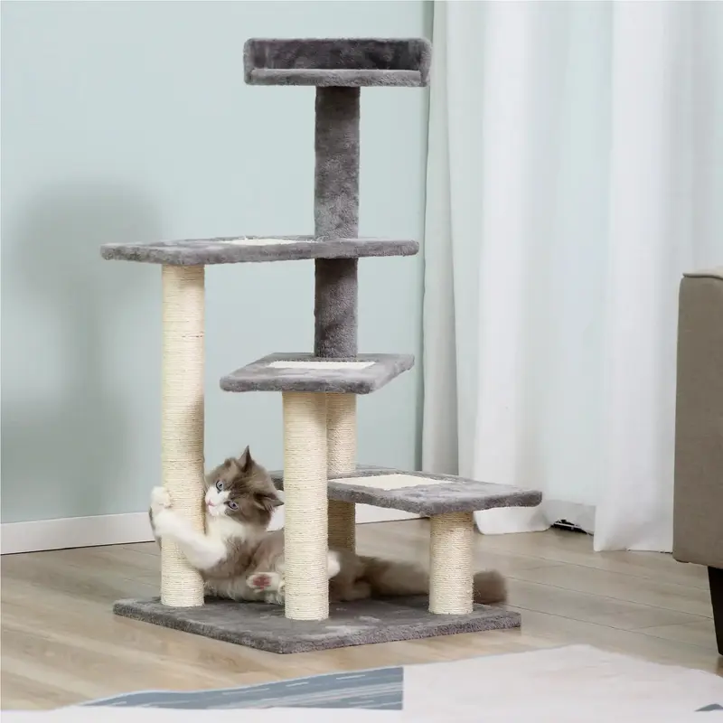Tiragraffi Gatti H 100cm con Lettino Rotondo, Pali in Sisal, Rivestimento Peluche