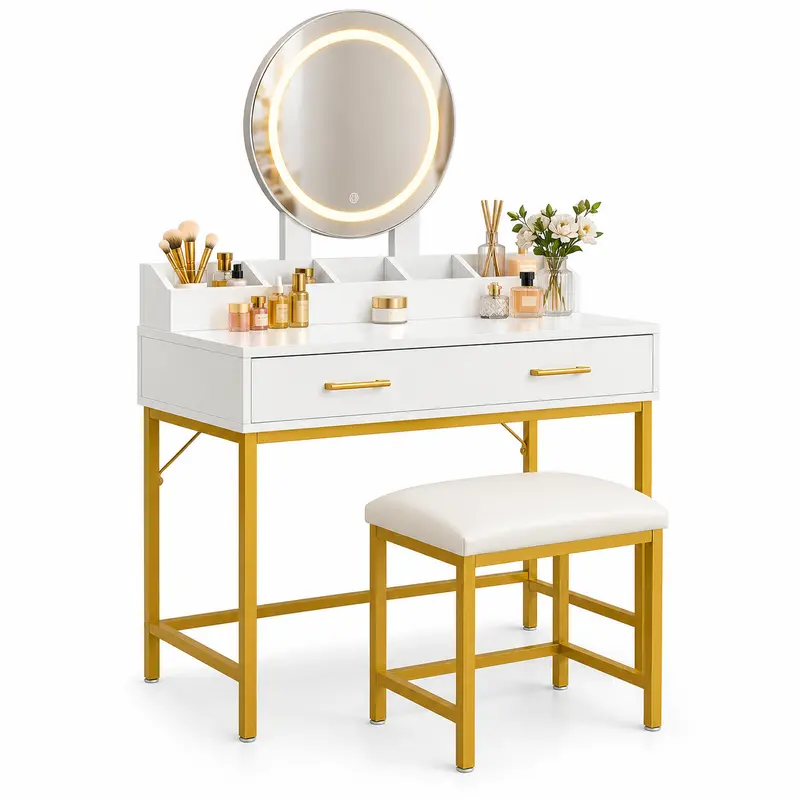 Toeletta Trucco con Sgabello Specchio Led Cassetto Organizer Makeup 80x45 H137 cm