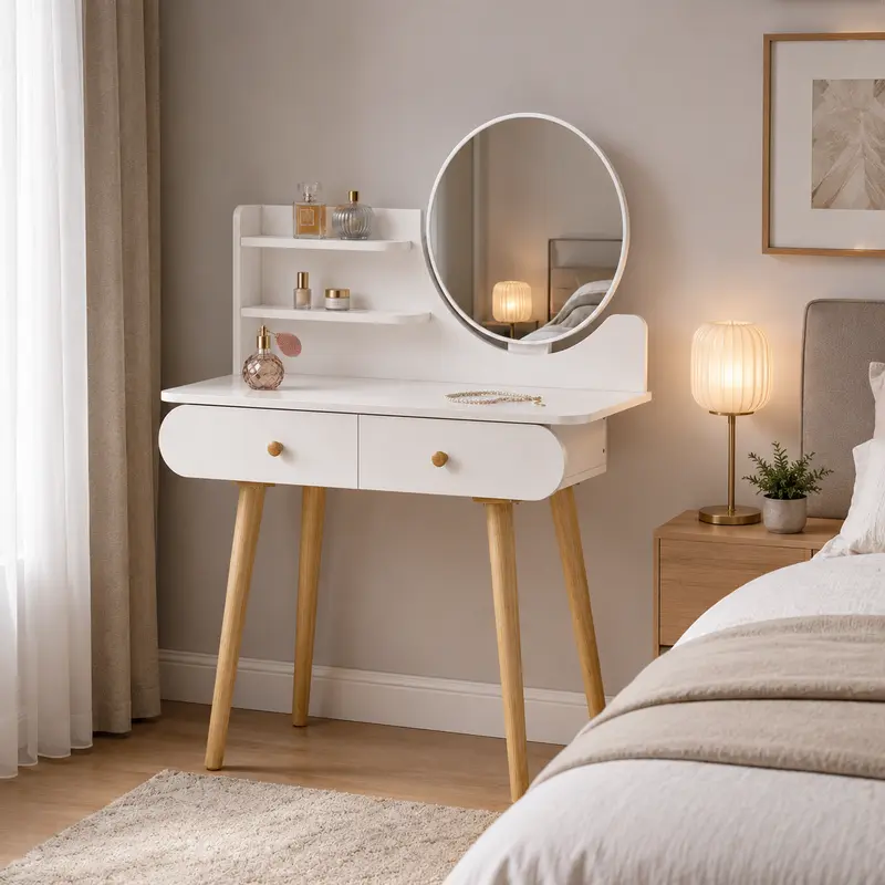 Toeletta Trucco con Specchio Rotondo 40 cm, 2 Cassetti e Ripiani, 80x40 H122 cm Bianco