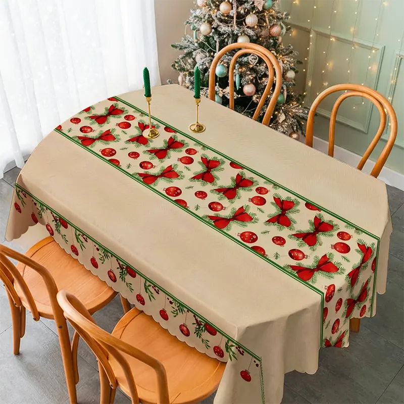 Tovaglia Cerata Natalizia 140x140 cm in PVC Copritavolo Quadrato 4 Posti Antimacchia Idrorepellente e Antiscivolo Decorazione Tavola di Natale Elegante con Fiocchi
