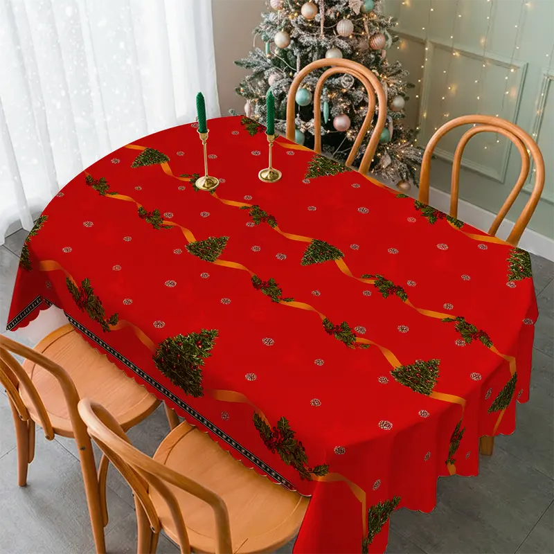 Tovaglia Cerata Natalizia Albero in PVC 4 Posti 140x140 cm Copritavola Quadrato Idrorepellente Antimacchia e Antiscivolo Decorazione Tavola Natalizia Elegante e Resistente
