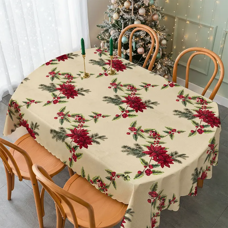 Tovaglia Cerata Natalizia in PVC 140x140 cm Copritavola Quadrato Idrorepellente Antimacchia e Antiscivolo Decorazione Tavola Natalizia Resistente ed Elegante Agrifoglio