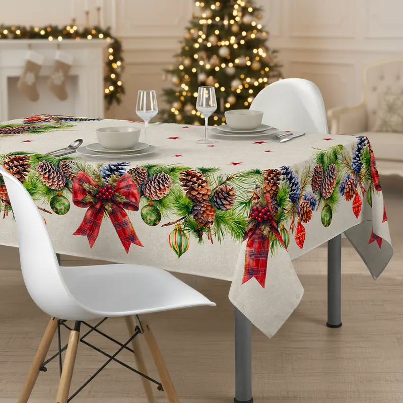 Tovaglia da Tavola Natalizia 6 Posti 140x180 cm in Cotone Stampa Digitale 3D 4K, Fiocco e Motivi di Natale