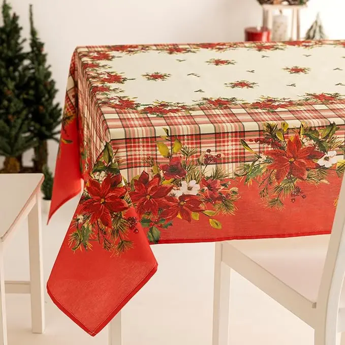 Tovaglia Natalizia 6 Posti 140x180 cm 100% Cotone con Stampa Digitale Stelle di Natale e Bordo Tartan Rosso