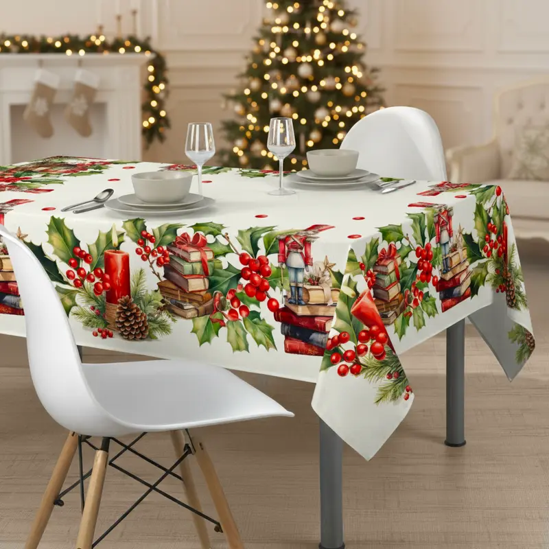 Tovaglia Natalizia 6 Posti 140x180 cm in Cotone Elegante con Stampa Digitale 3D 4K Candle Decorazione Tavola di Natale
