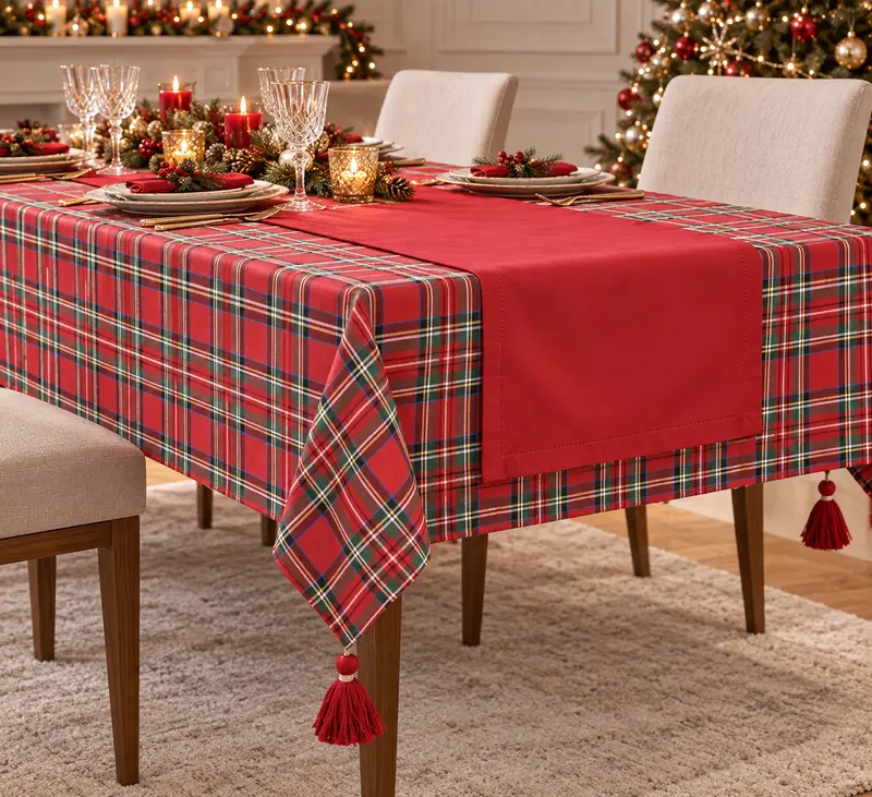 Tovaglia Natalizia 6 Posti 140x180 cm + Runner 40x90 cm 100% Cotone Bordo a Quadri con Filo Lurex Oro Panna o Rosso