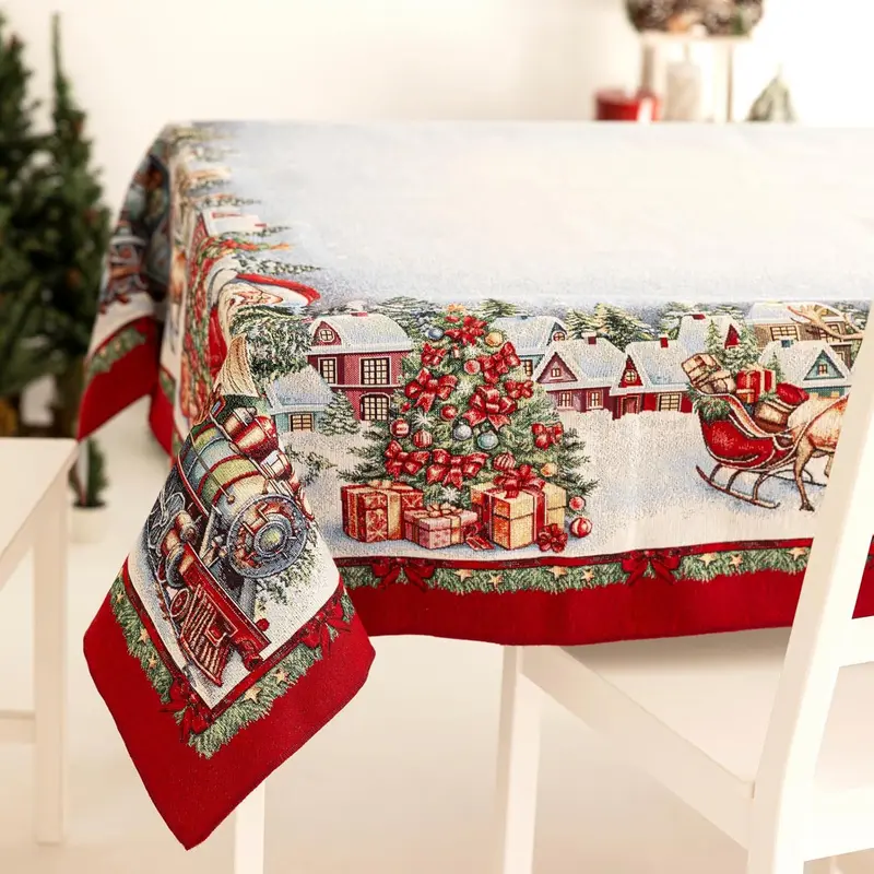 Tovaglia Natalizia Gobelin 6 Posti Babbo Natale 140x180 cm Rettangolare Jacquard Made in Italy Decorazione Tavola Festiva