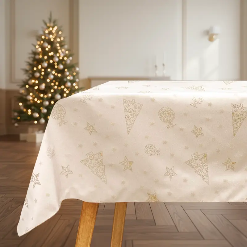 Tovaglia Natalizia in Raso 6 Posti 140x180 cm Elegante con Glitter Lurex Oro Made in Italy