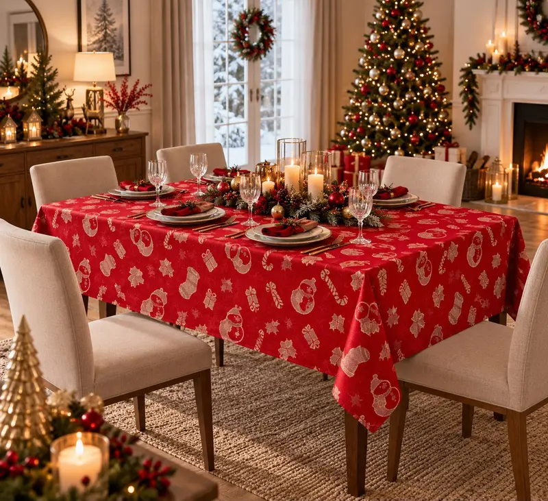 Tovaglia Natalizia in Raso Rosso con Glitter Oro Pupazzi di Neve Fiocchi Regali e Bastoncini 140x180 cm 6 Posti