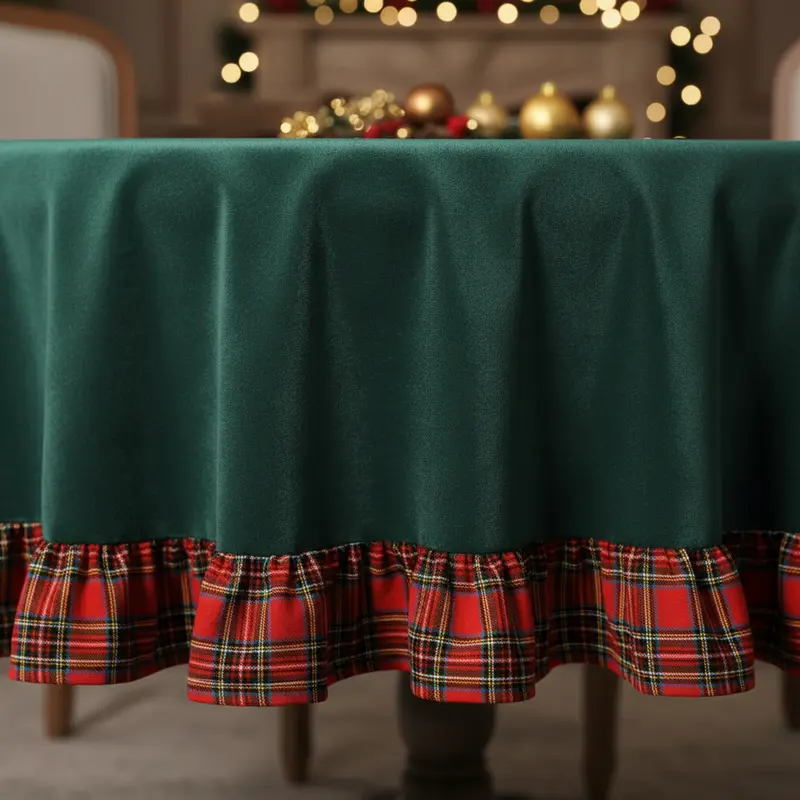 Tovaglia Velluto con Elegante Balza Tartan – 150x270 cm (12 posti)
