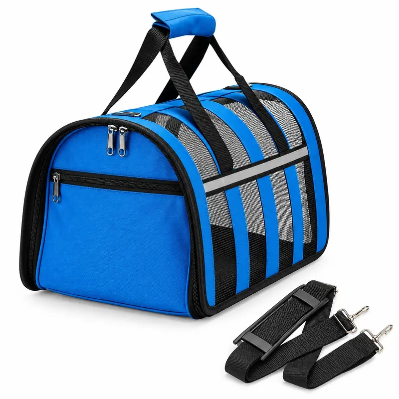 Trasportino Animali Traspirante Pieghevole con Tracolla 23x35 H 22 cm Blu