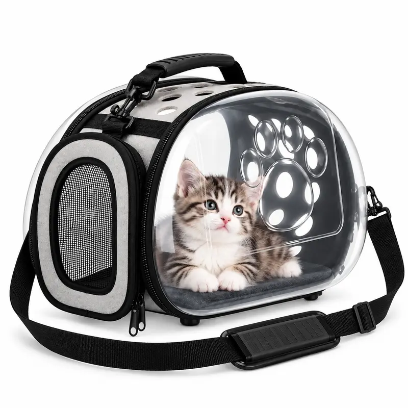 Trasportino Cane Gatto Trasparente con Tracolla e Maniglia Pieghevole 37 cm Grigio