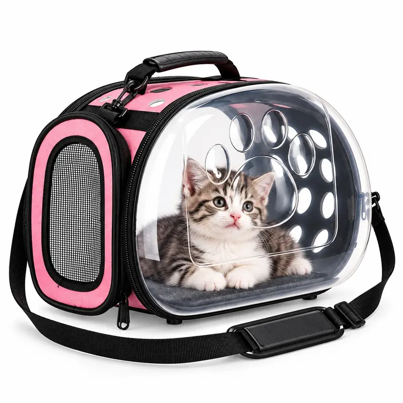 Trasportino Cane Gatto Trasparente con Tracolla e Maniglia Pieghevole 37 cm Rosa