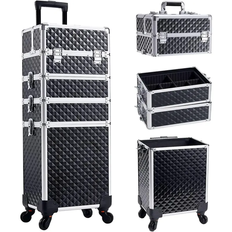 Trolley Makeup 4in1 Valigetta Nero Trucco Estetista Beauty Case Ruote Staccabili