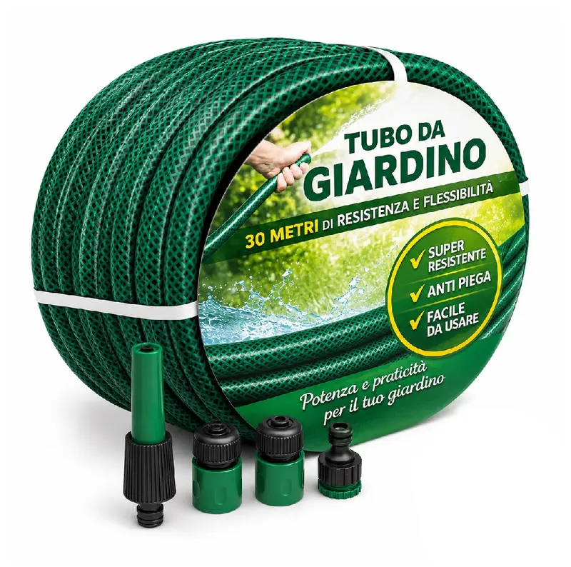 Tubo da Giardino Irrigazione 30MT Diametro 14mm Antipiega in Pvc con 4 Accessori