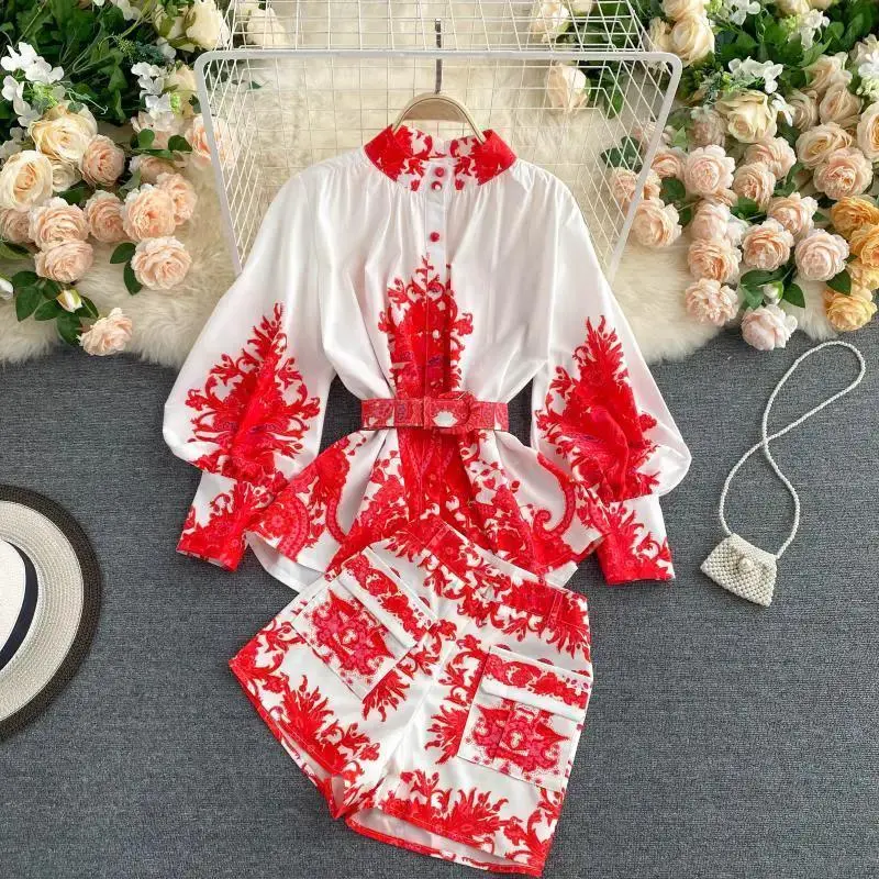 Two Piece Set Women Vintage Printed Pull Sleeve Blouse Tops And Woman Shorts Fashion 2 Piece Set Fall Clothing