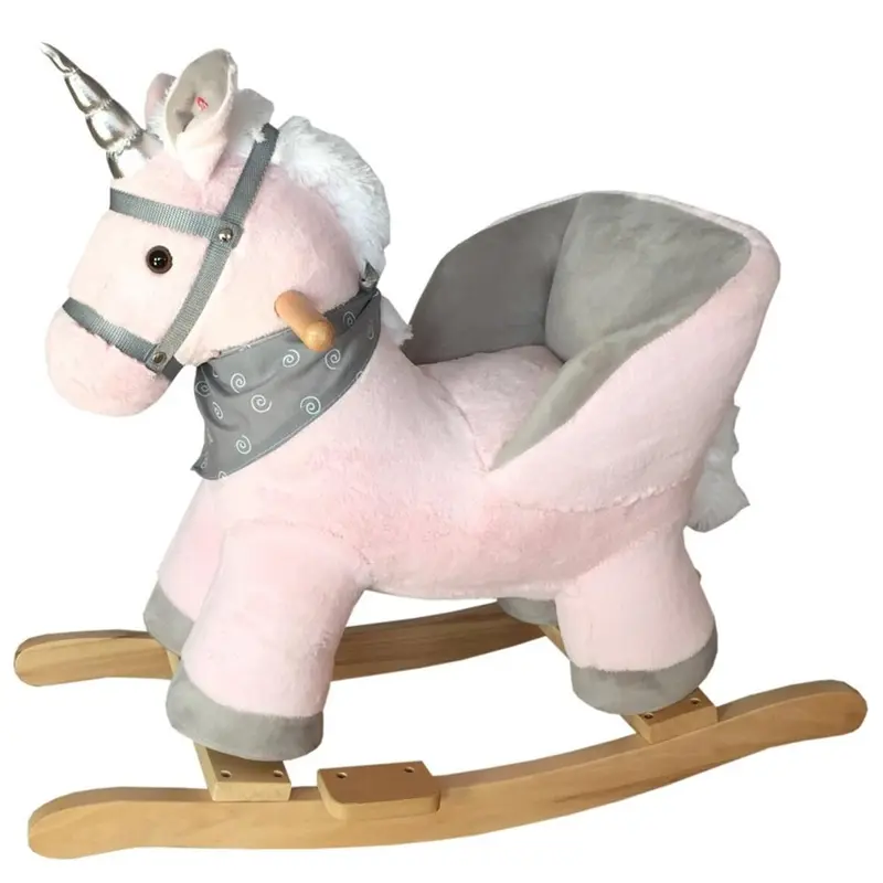 Unicorno Dondolo Cavalcabile Peluche Cavallo con Suoni Cintura Sicurezza Gioco Legno